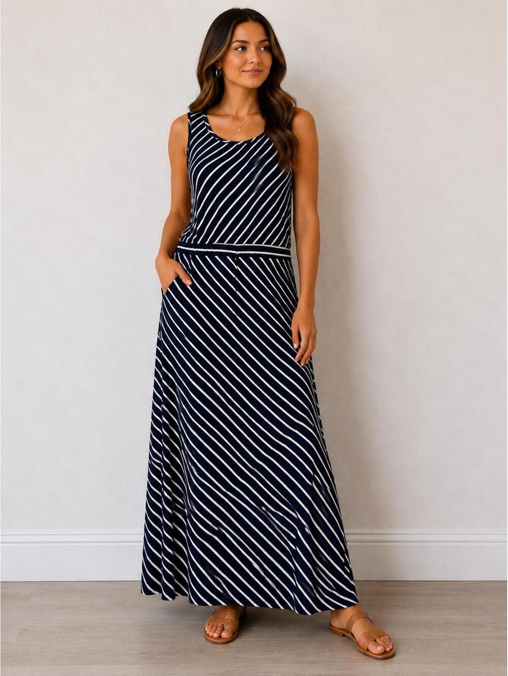 Haani Women’s XL Navy White Striped Sleeveless Maxi Dress Casual Stretch